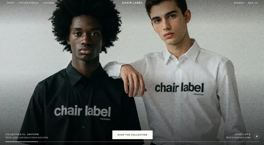 Chair Label homepage: two models in the label's black and white shirts, with Shop the collection