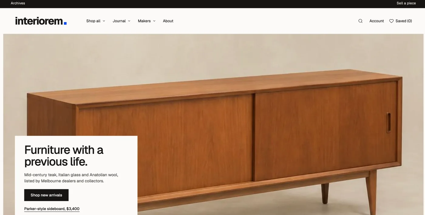 Interiorem homepage: a teak sideboard under the headline Furniture with a previous life